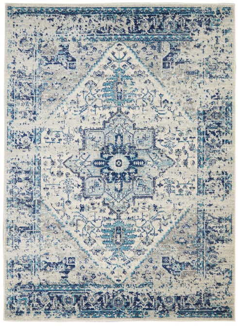 5' X 7' Ivory And Light Blue Floral Medallion Distressed Area Rug